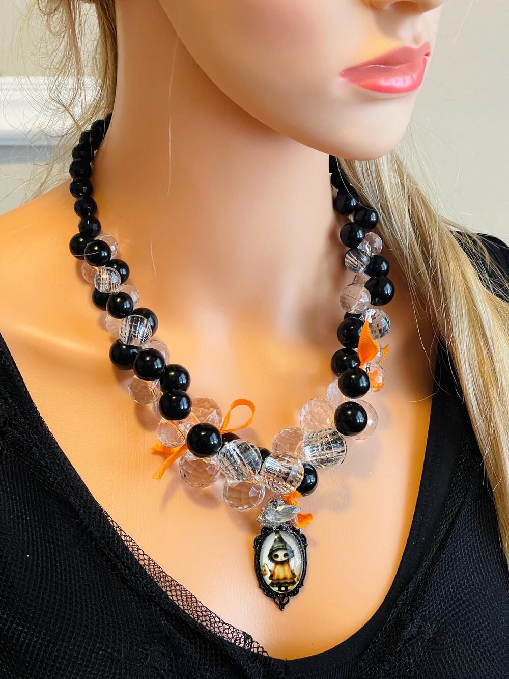 Handmade Halloween Statement Necklace: Beaded Gothic Witch Pendant